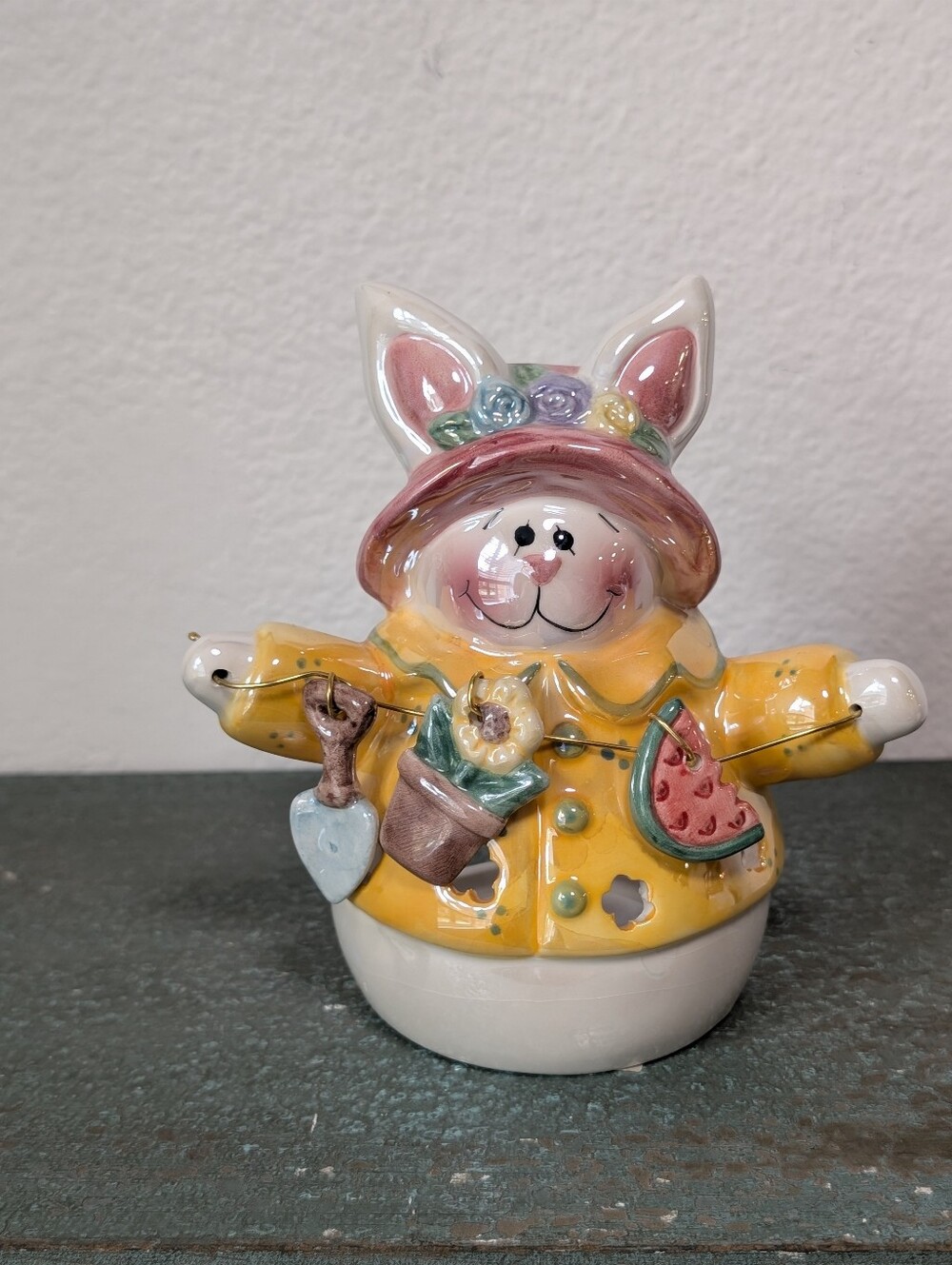Ceramic Tealight Bunny Rabbit Holding Garland Candle Holder Luminary Floral